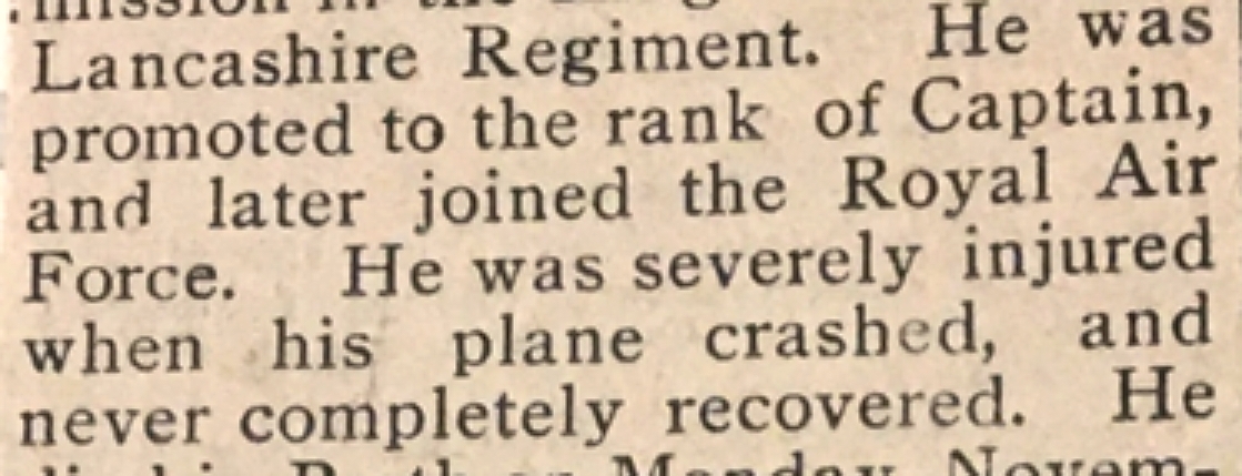 Mention of Plane Crash in William’s Obituary 30th November 1934